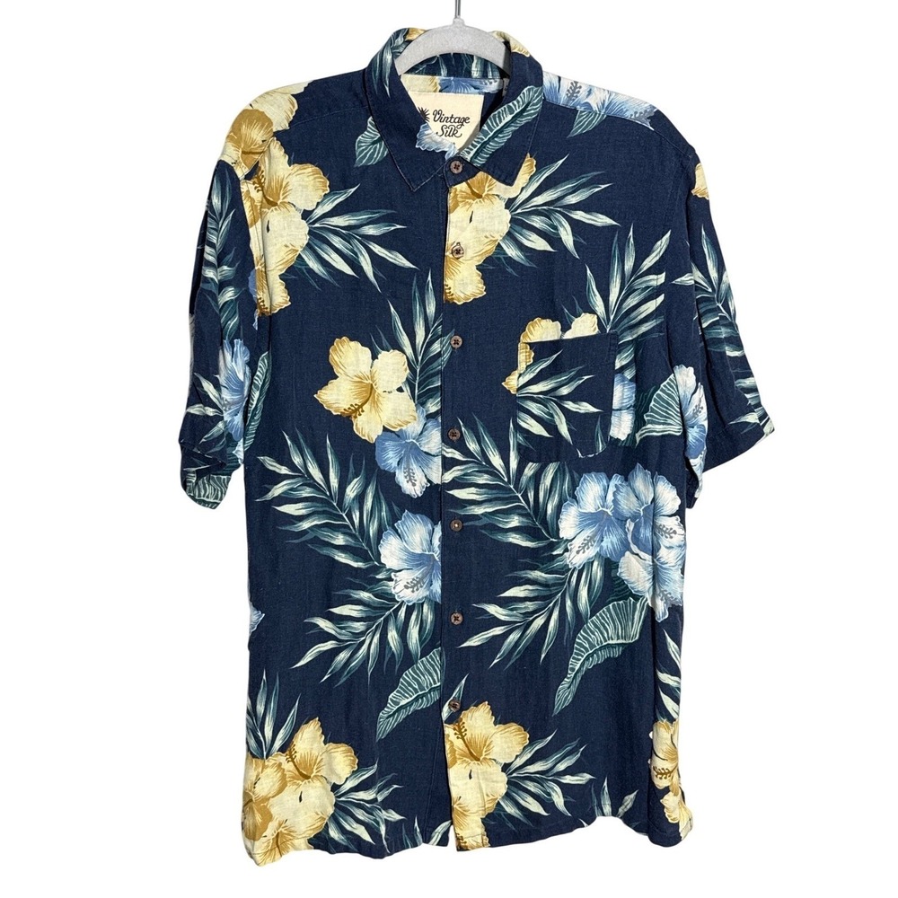Vintage Silk (Blue) Tropical Floral Button Up Shirt Mens Large